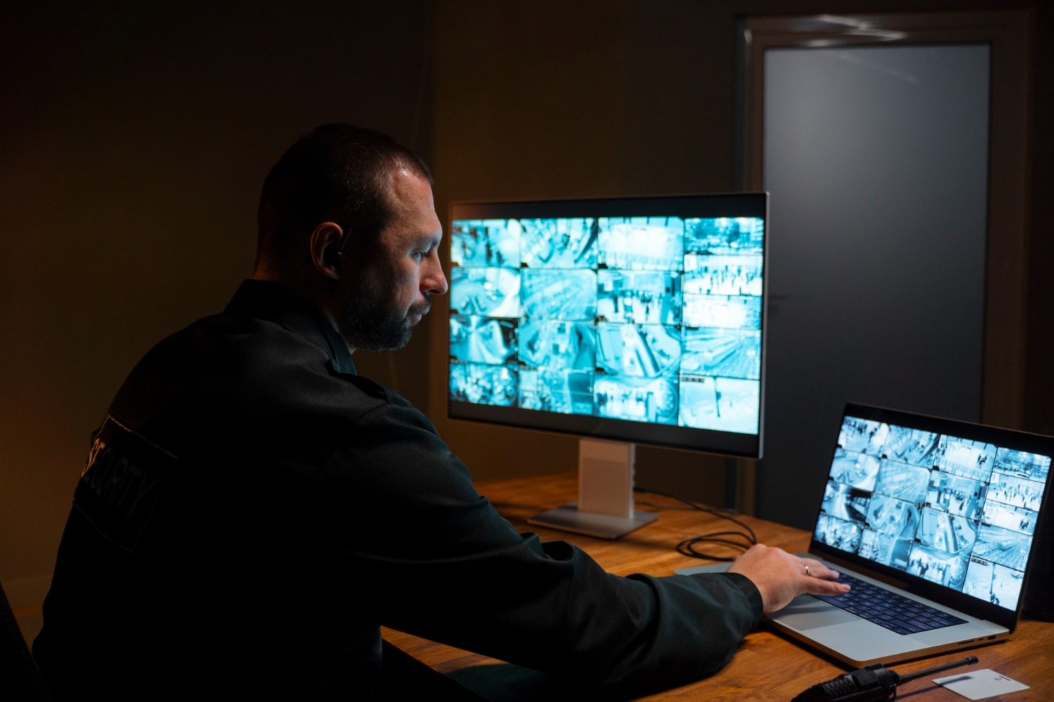 Uomo che osserva i filmati di videosorveglianza su monitor multipli in un ambiente retail