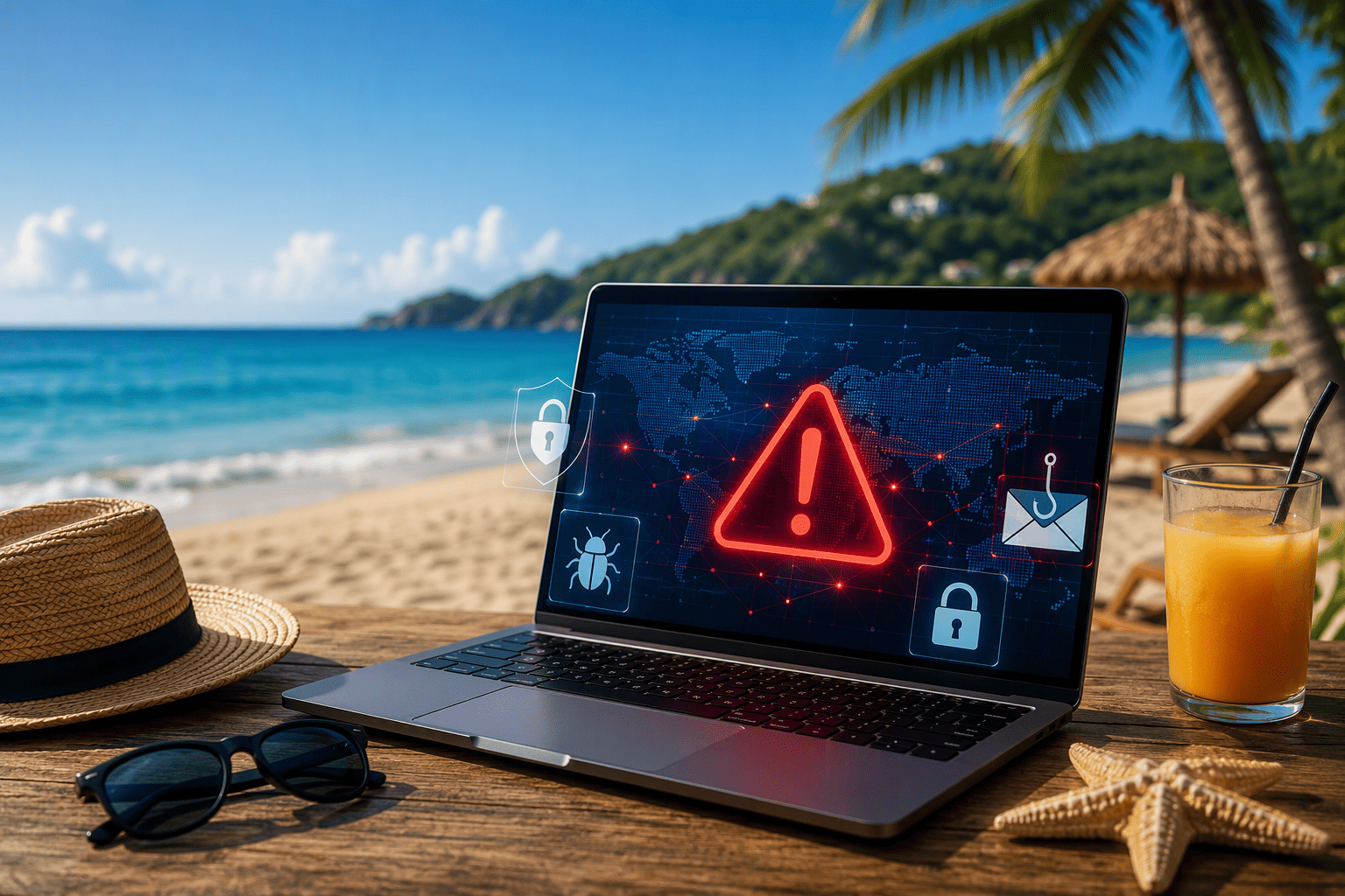 Laptop su un tavolo in spiaggia con icone di cybersicurezza e avviso di minaccia informatica sullo schermo, a rappresentare i rischi di cyberattacchi durante il periodo estivo e le ferie aziendali.